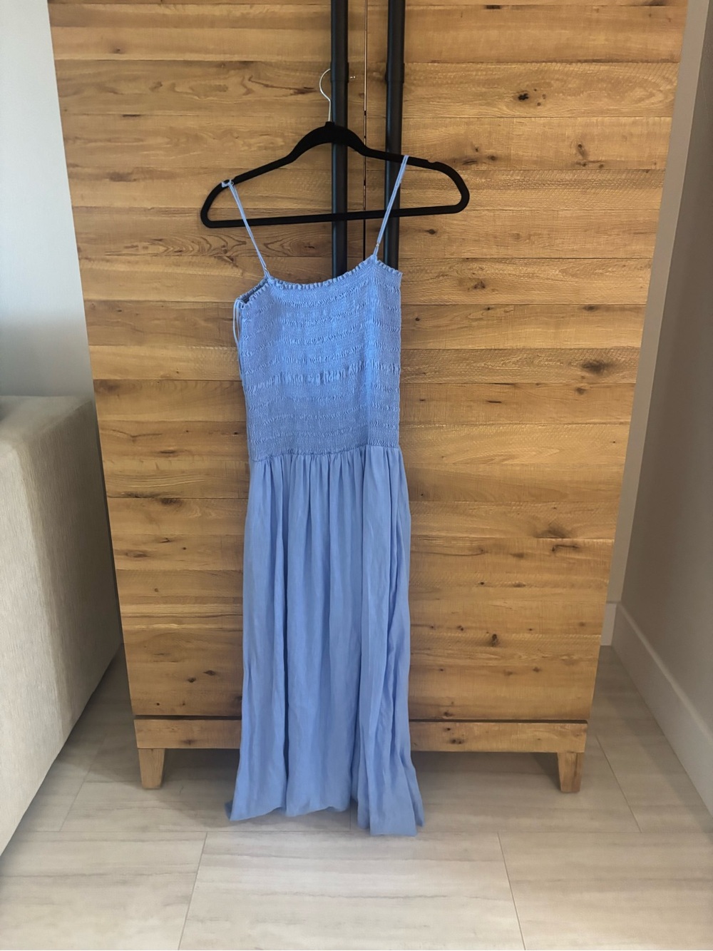 Faithfull The Brand Blue Linen Smocked Maxi Dress Spaghetti Strap Size Us 6 - Picture 2 of 4